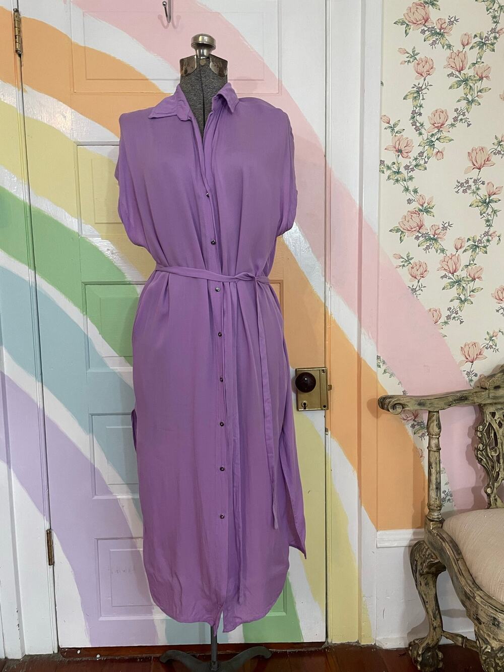 INDAH Lilac Viscose Shirt Dress Belted Midi Resort Boho Size S